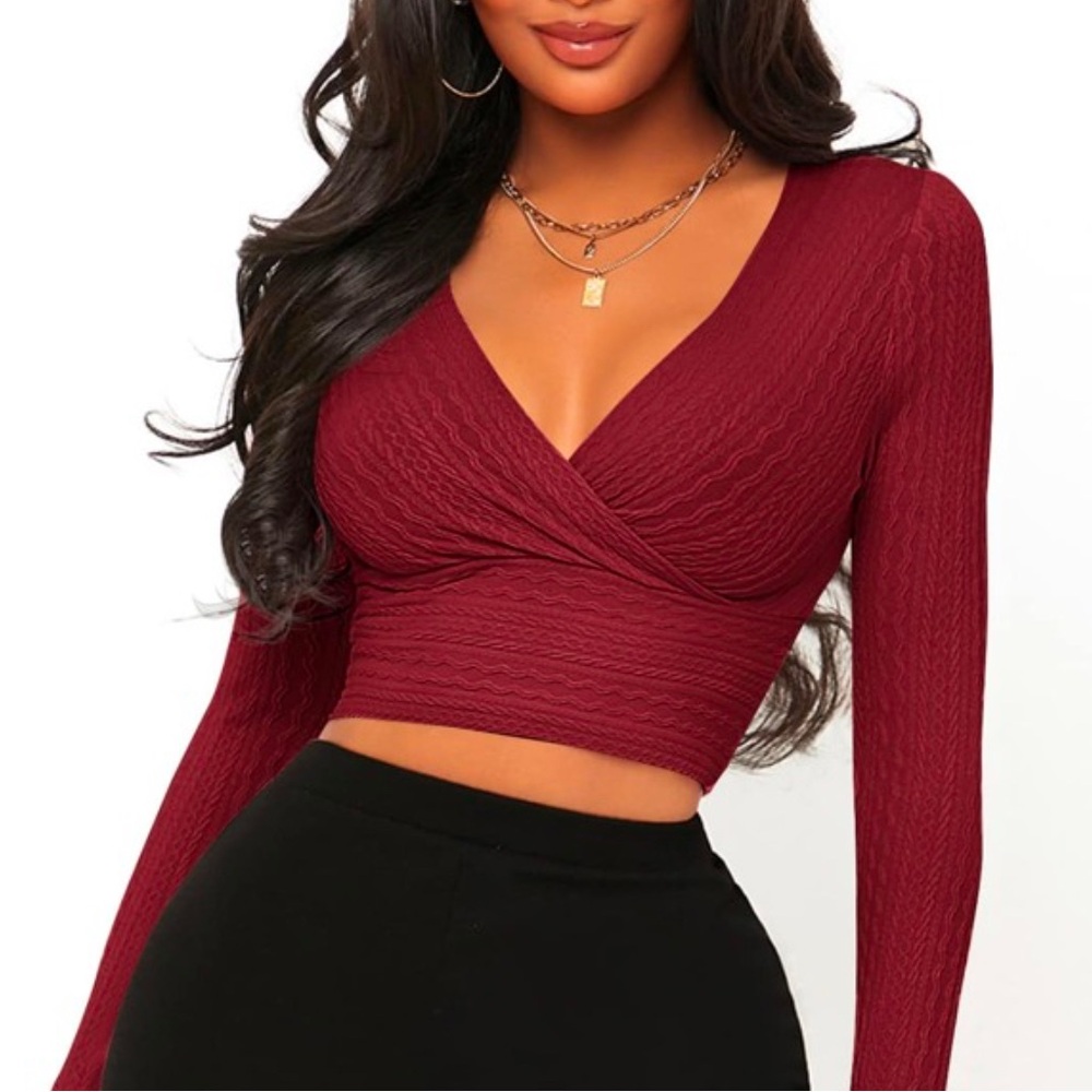 Ribbed Wrap Crop Top in Burgundy